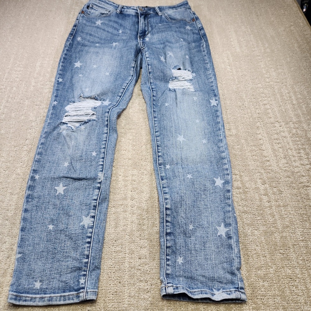 Judy Blue Jeans Women 9 29 Blue Star Crossed AOP Boyfriend Fit Stretch Mid Rise
